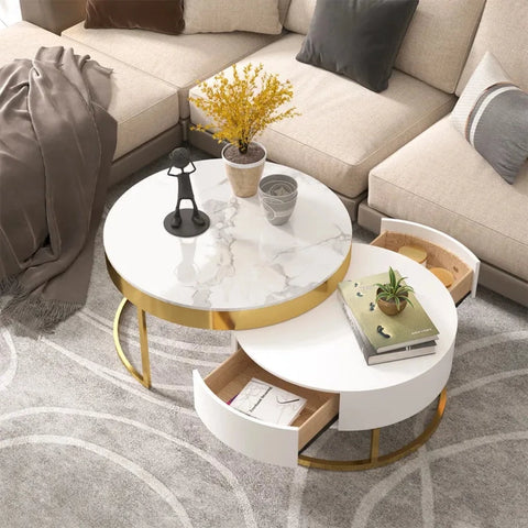 Modern Round Sintered Stone Nesting Wood Coffee Table with Drawers in White