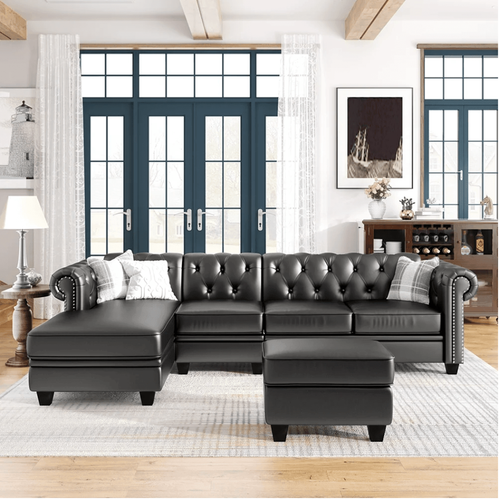 Dolcy Sectional Sofa Set in PU Leather in Black Color with Ottoman - Nice Maple