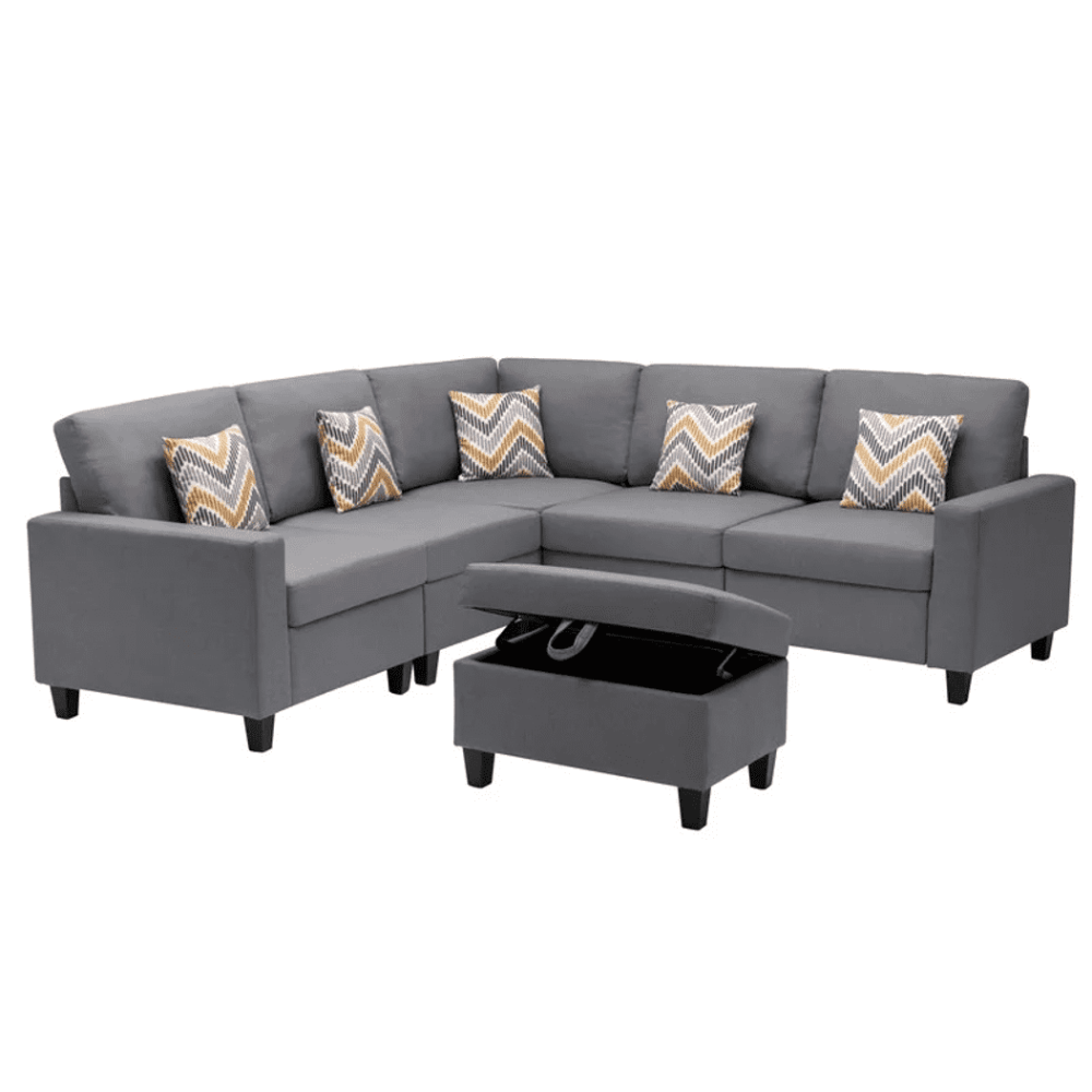 Nollon Linen Fabric Sectional Sofa with Pillows and Storage Ottoman - Nice Maple