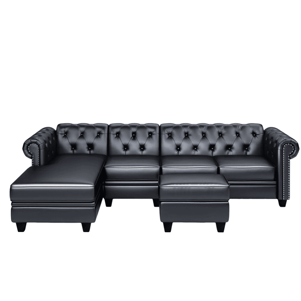 Dolcy Sectional Sofa Set in PU Leather in Black Color with Ottoman - Nice Maple