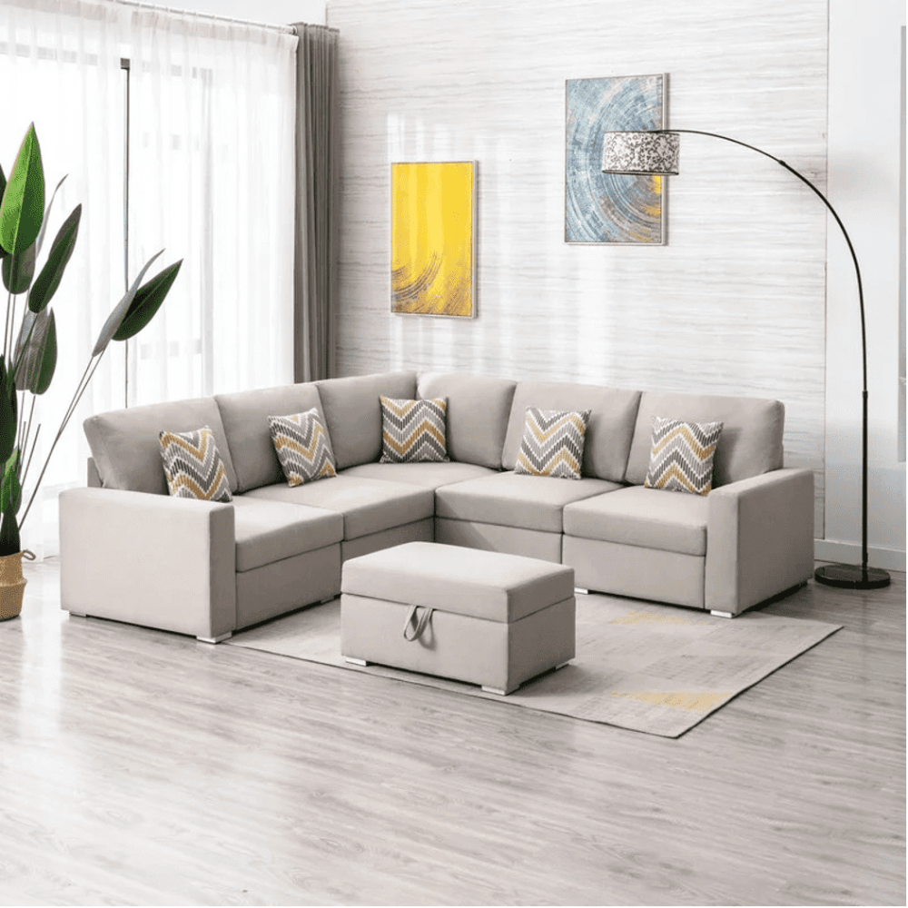 Nollon Linen Fabric Sectional Sofa with Pillows and Storage Ottoman - Nice Maple