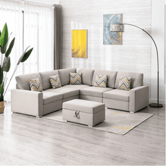 Nollon Linen Fabric Sectional Sofa with Pillows and Storage Ottoman - Nice Maple