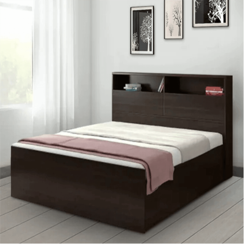 Denver Wooden Bed with Storage in Brown Glossy Finish - Nice Maple