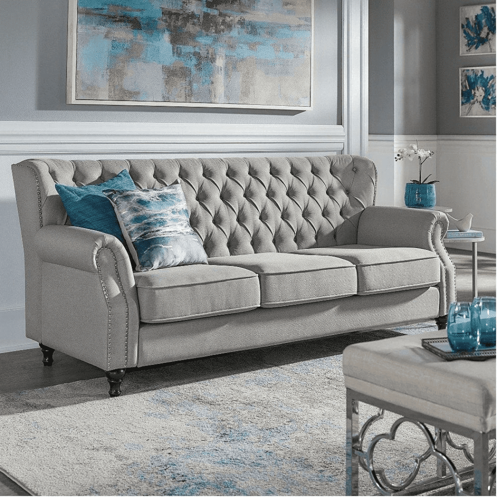 Dorothie Grey Fabric Button Tufted Sofa with Nailhead Trim - Nice Maple