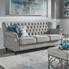 Dorothie Grey Fabric Button Tufted Sofa with Nailhead Trim - Nice Maple