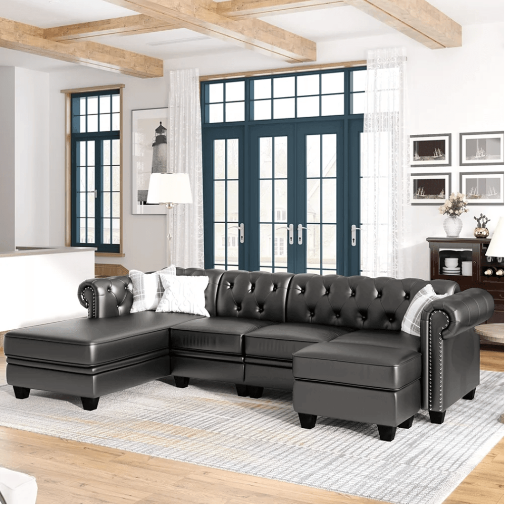 Dolcy Sectional Sofa Set in PU Leather in Black Color with Ottoman - Nice Maple