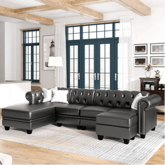 Dolcy Sectional Sofa Set in PU Leather in Black Color with Ottoman - Nice Maple
