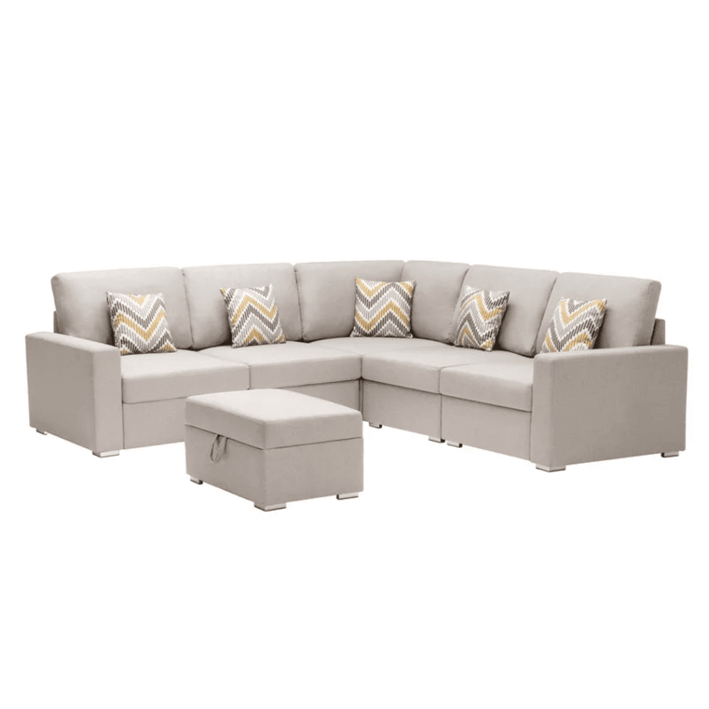 Nollon Linen Fabric Sectional Sofa with Pillows and Storage Ottoman - Nice Maple