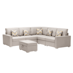 Nollon Linen Fabric Sectional Sofa with Pillows and Storage Ottoman - Nice Maple