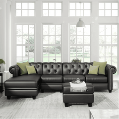 Dolcy Sectional Sofa Set in PU Leather in Black Color with Ottoman - Nice Maple