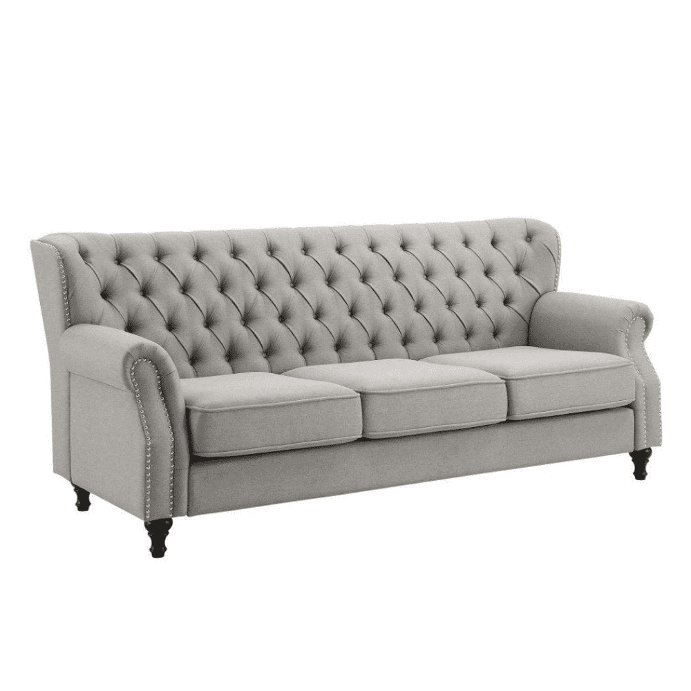 Dorothie Grey Fabric Button Tufted Sofa with Nailhead Trim - Nice Maple
