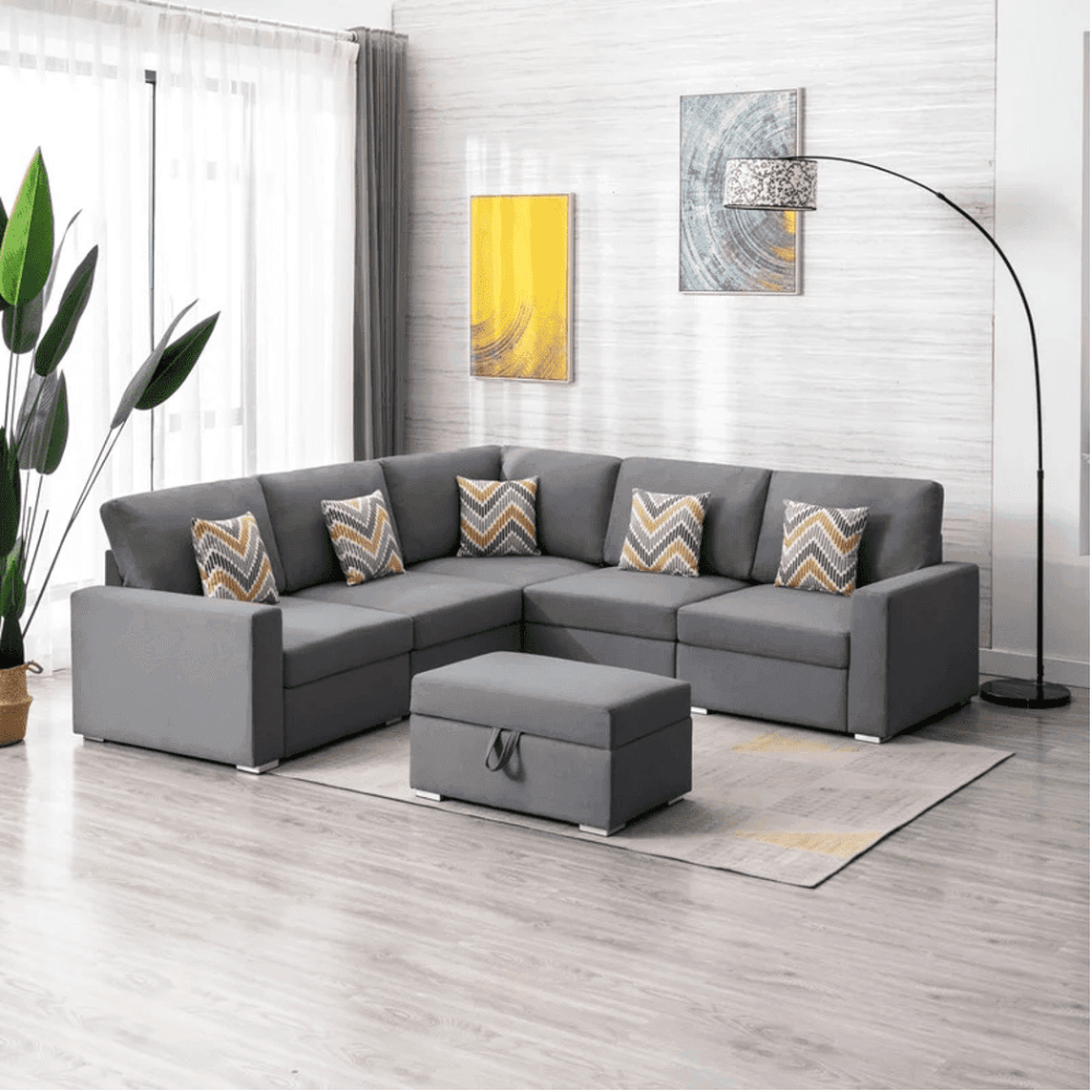 Nollon Linen Fabric Sectional Sofa with Pillows and Storage Ottoman - Nice Maple