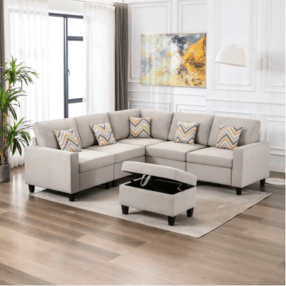 Nollon Linen Fabric Sectional Sofa with Pillows and Storage Ottoman - Nice Maple