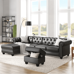 Dolcy Sectional Sofa Set in PU Leather in Black Color with Ottoman - Nice Maple