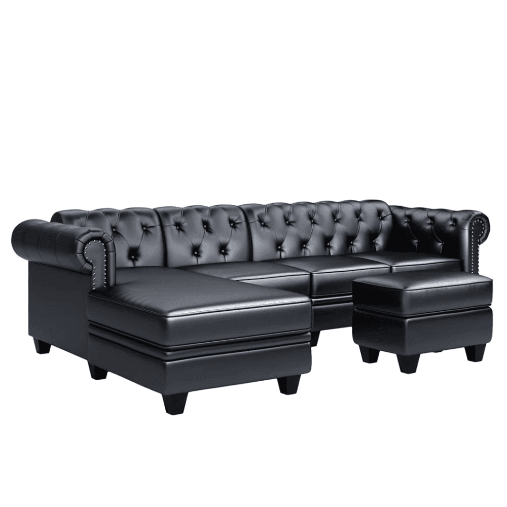 Dolcy Sectional Sofa Set in PU Leather in Black Color with Ottoman - Nice Maple