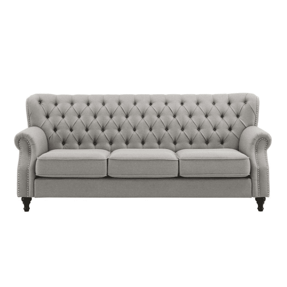 Dorothie Grey Fabric Button Tufted Sofa with Nailhead Trim - Nice Maple