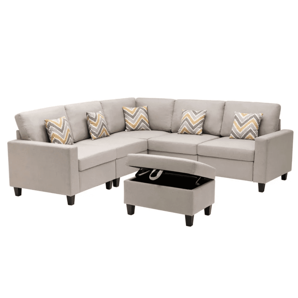 Nollon Linen Fabric Sectional Sofa with Pillows and Storage Ottoman - Nice Maple