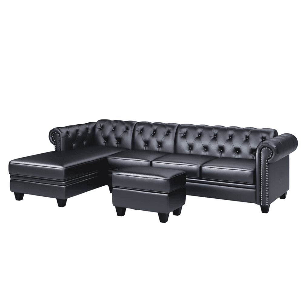 Dolcy Sectional Sofa Set in PU Leather in Black Color with Ottoman - Nice Maple