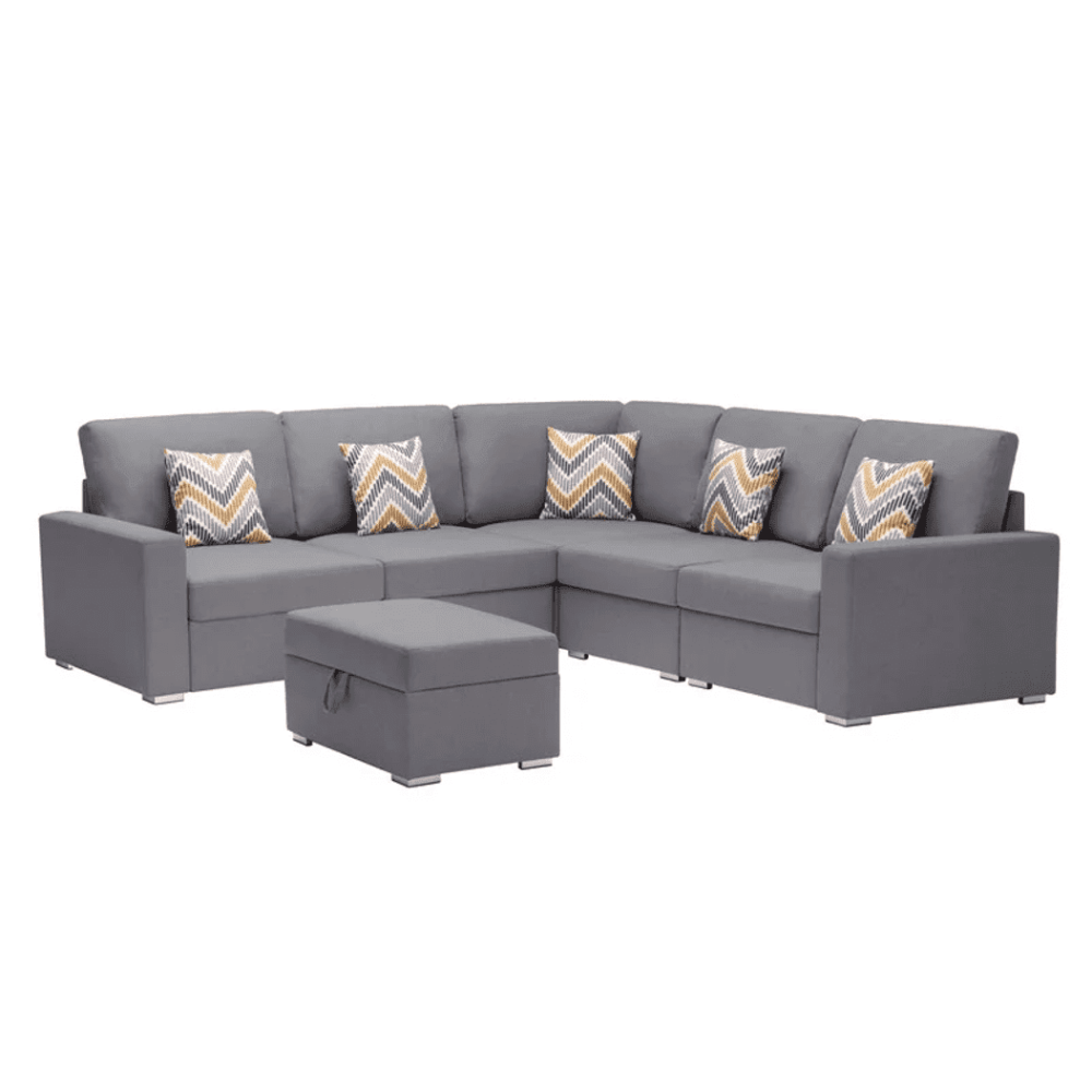 Nollon Linen Fabric Sectional Sofa with Pillows and Storage Ottoman - Nice Maple