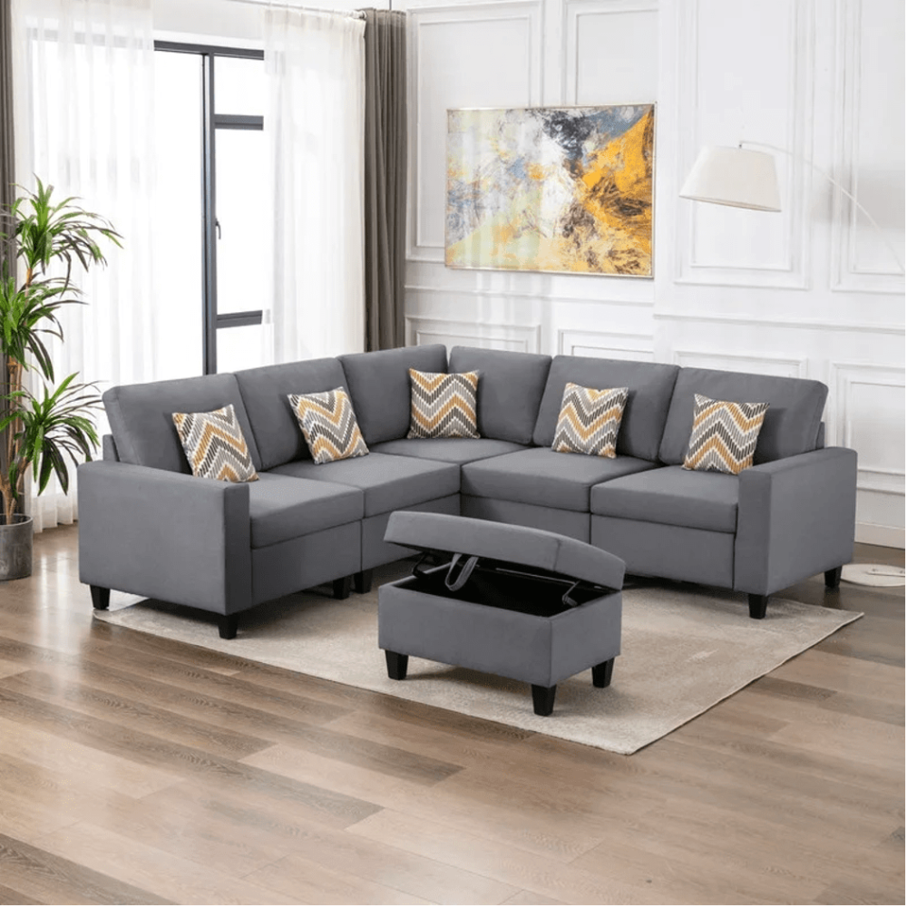 Nollon Linen Fabric Sectional Sofa with Pillows and Storage Ottoman - Nice Maple