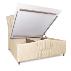 Broadaxe Fabric Upholstered Hydraulic Storage Bed in Textured Beige Suede - Nice Maple