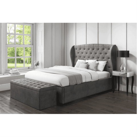 Boombox Upholstered Bed with Storage in Grey Suede - Nice Maple