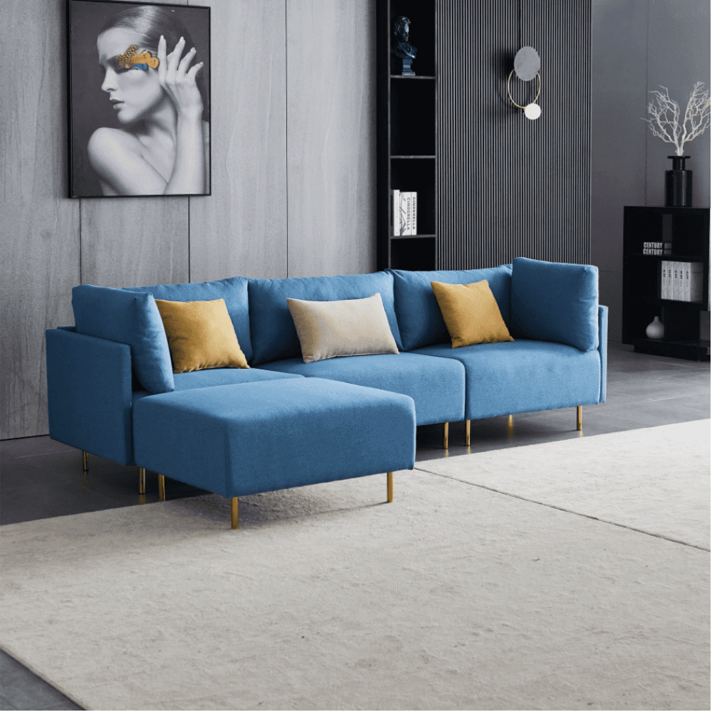Ronaldo Sectional Sofa Set in Blue Color With Ottoman - Nice Maple