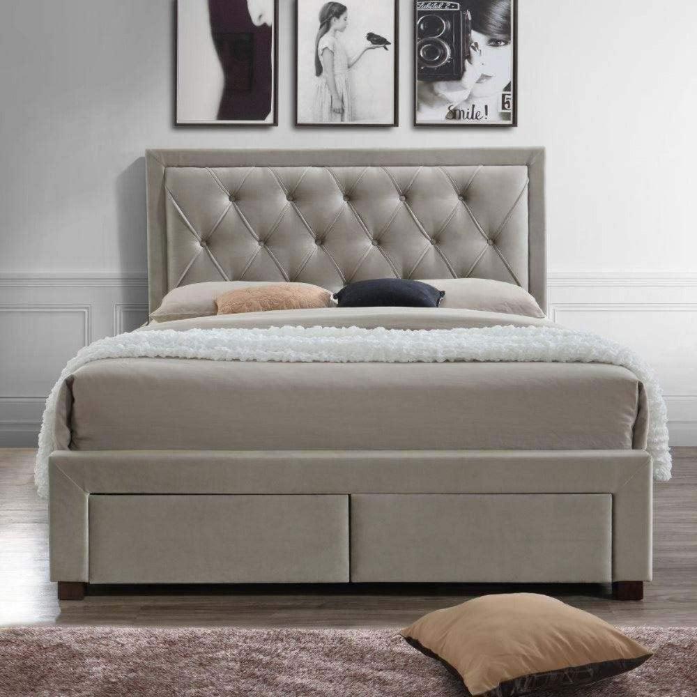 Apollo Upholstered Bed with Drawers Storage in Beige Suede - Nice Maple