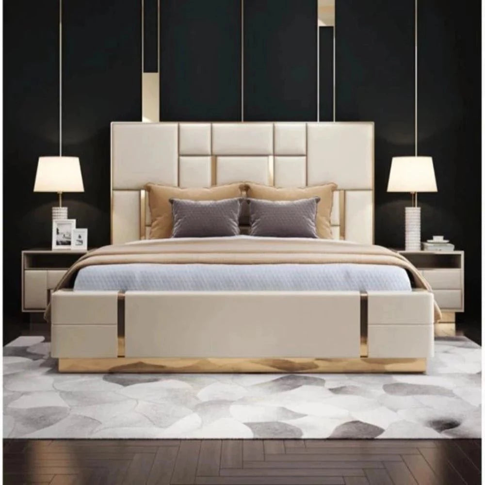 Dollar Luxury Upholstered Bed With Side Tables in Leatherette - Nice Maple