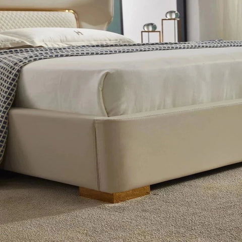 Romeo Upholstered Bed In Beige Leatherette - Nice Maple